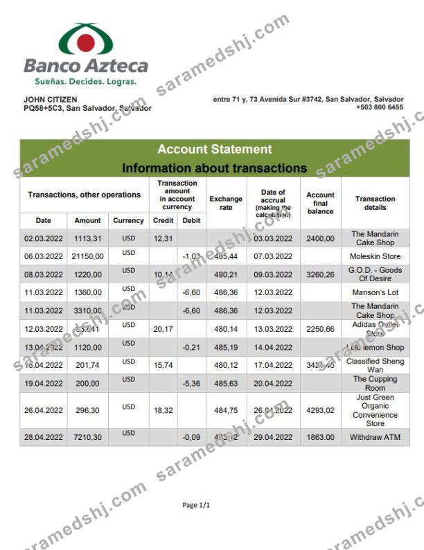 Salvador Banco Azteca bank statement